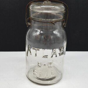 Vintage Glass Jar Container Atlas E-Z Seal Clear With Wire Bail Lid #2D 7.5"